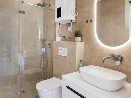 a bathroom with a toilet and a sink and a shower at Villa 1902 Omišalj in Omišalj