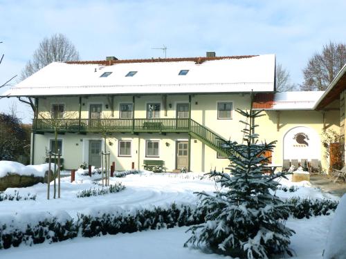 a large house with a snow covered yard at Gut Schwarz-n Hof Ferienwohnungen in Bad Griesbach