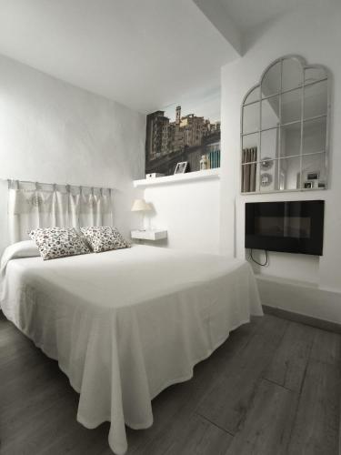 a white bedroom with a bed and a tv at Apartamentos Teresita in Badajoz