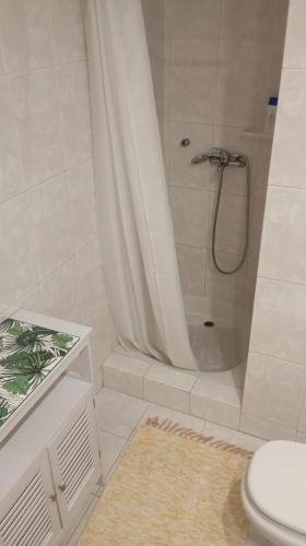 a white bathroom with a shower and a toilet at Aguda Mar - V N Gaia in Aguda
