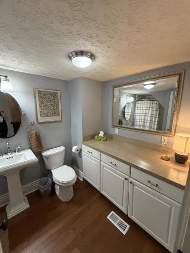 a bathroom with a toilet and a sink and a mirror at Barrel House on Derby Row in Louisville