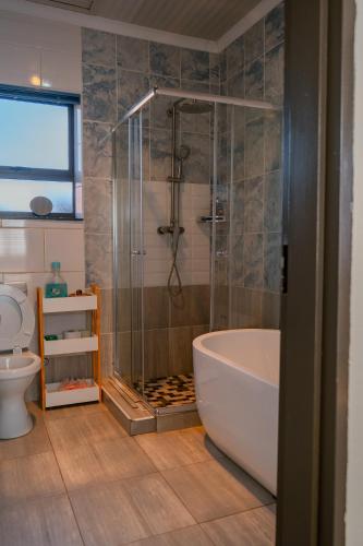 a bathroom with a shower and a tub and a toilet at Infinity Home BnB in Leribe