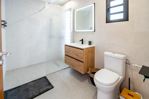 a bathroom with a toilet and a shower and a sink at Villa standing 52 in Ravine des Cabris