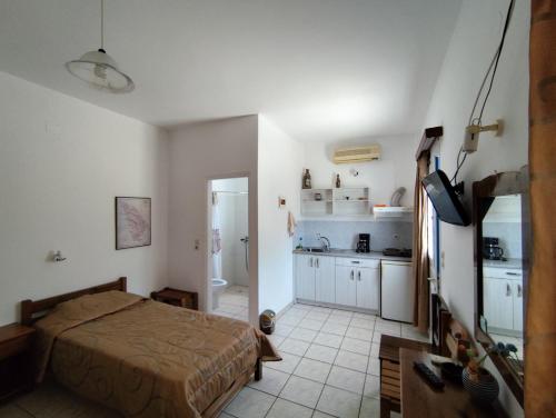 a bedroom with a bed and a small kitchen at Areti studios in Vathi