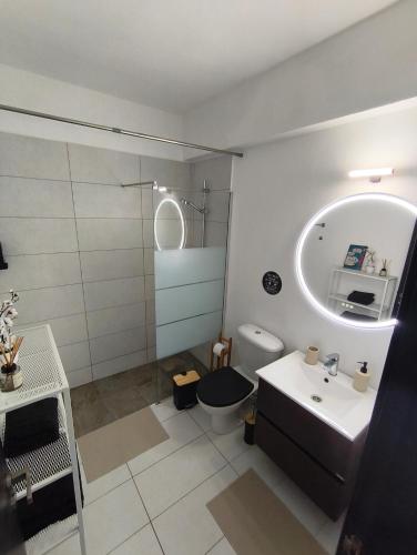 a bathroom with a sink and a toilet and a mirror at Michelle Mediterranean Suites in Meneou