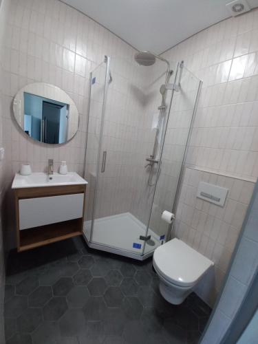 a bathroom with a shower and a toilet and a sink at Itown Apartments in Odesa