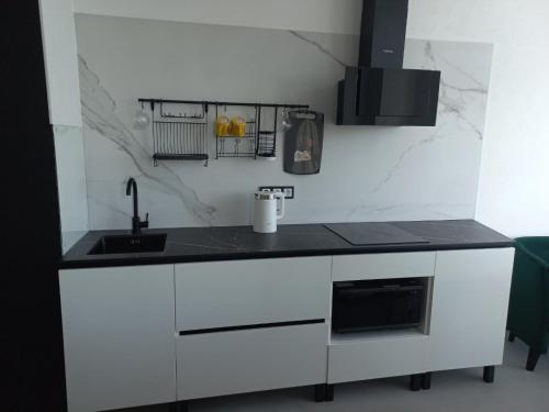 a white kitchen with a sink and a counter at Itown Apartments in Odesa