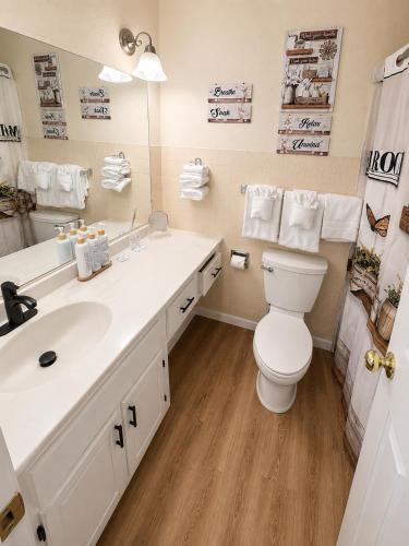 a bathroom with a toilet and a sink and a mirror at Poolside Retreat at Kimberling Crossing in Kimberling City