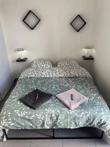 a bedroom with a bed with two pillows on it at Studio de plein pied avec terrasse in Joncherey