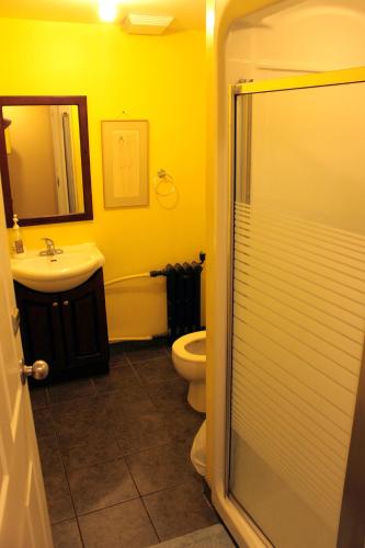 a bathroom with a sink and a toilet and a mirror at Ottawa Backpackers Inn in Ottawa