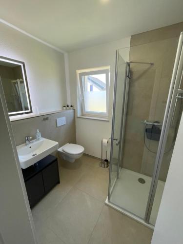 a bathroom with a shower and a toilet and a sink at Ferienwohnung Bahnblick - Stilvoll in bester Lage - als Wohnung oder Haus in Olbersdorf