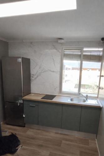 a kitchen with a sink and a refrigerator at Estafeta Apartament in Ponferrada