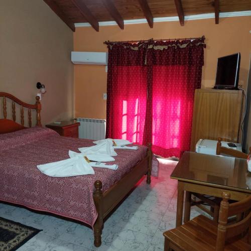 ein Schlafzimmer mit einem Bett und einem roten Vorhang in der Unterkunft Hotel Arauco in Aimogasta