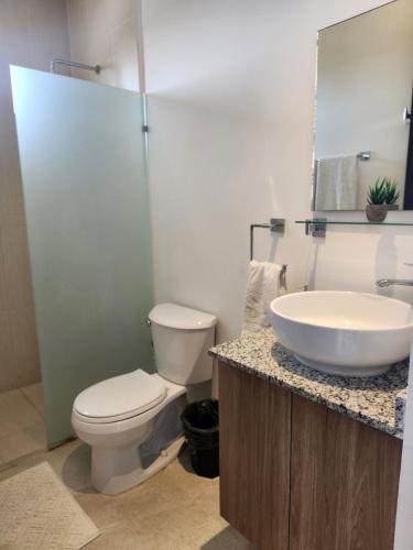 a bathroom with a toilet and a sink at Apartment in Chixchulub with a spectacular view in Chicxulub
