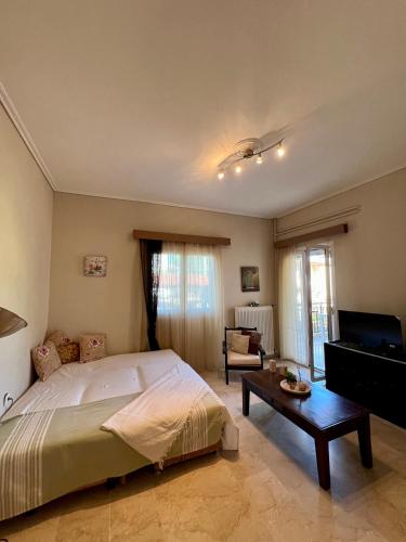 a bedroom with a large bed and a table at Akratas Brothers House in Akrata