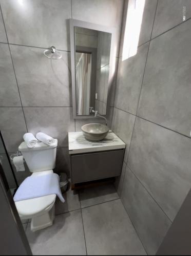 a bathroom with a toilet and a sink and a mirror at Pousada Container e Spa Mina Beer in Ametista do Sul