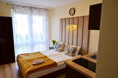 a bedroom with a bed with a window and a clock at Villa Laguna in Rowy