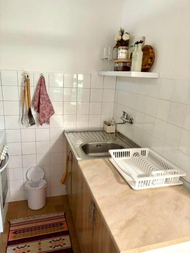 a kitchen with a sink and a dish rack on a counter at Vikendica Hondo Boracko jezero in Jezero
