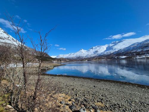 a view of a river with snow covered mountains at Fjord & Flame in Tromsø
