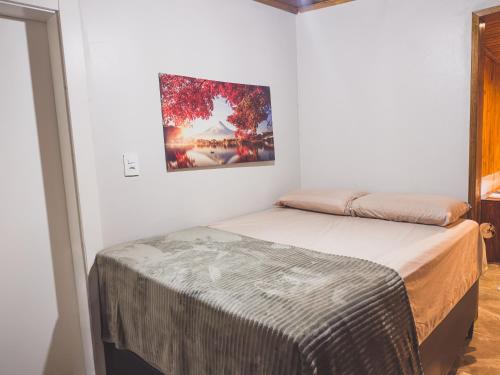 a bed in a room with a picture on the wall at Cabana com Hidro, Lareira e Piscina Privativa in Chapecó