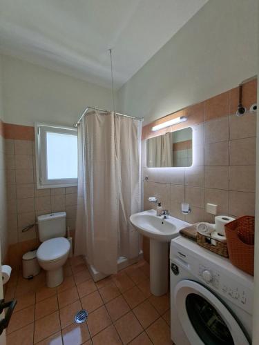 a bathroom with a toilet a sink and a washing machine at Kipos Apartments in Kassiopi