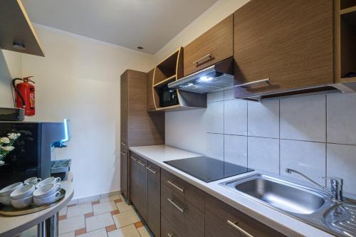 a kitchen with wooden cabinets and a sink at Villa Baltica in Łeba