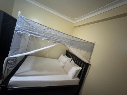 a bed with a canopy with two pillows on it at Ciara's Home Entebbe in Entebbe