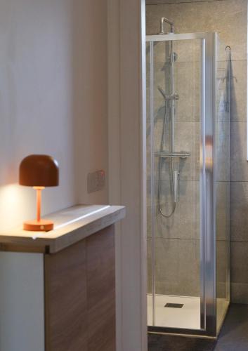 a bathroom with a shower with a lamp on a counter at Pheasants Call in Kenmare