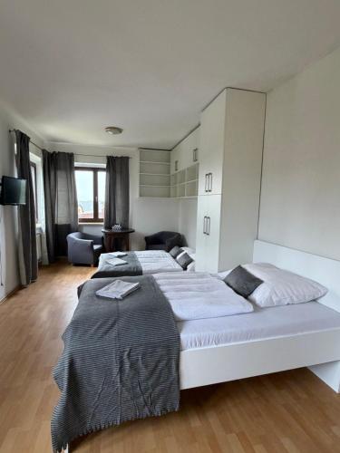 a bedroom with two beds and a living room at Hideout Villa in Hazlov