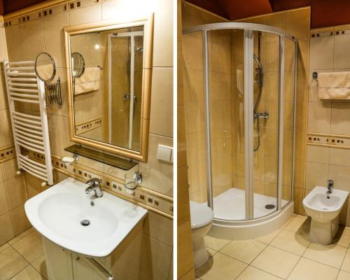 2 immagini di un bagno con lavandino e doccia di Vila Liepa a Birštonas