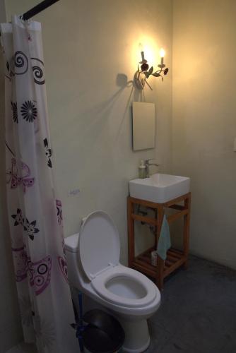 a bathroom with a toilet and a sink at El Pinche Hostal in Guadalajara