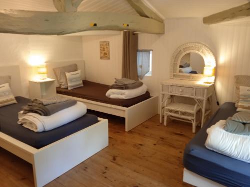 two beds in a room with a mirror at Gîte de La Planette in La Romieu