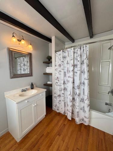 a bathroom with a sink and a shower curtain at Hôtel-Motel Vagues Vertes in Perce
