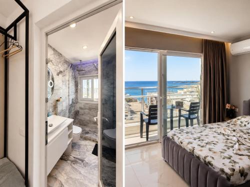 a bedroom and a bathroom with a view of the ocean at Eri Apartments in Durrës