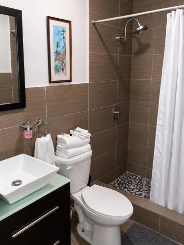 a bathroom with a toilet and a shower and a sink at Eden Apartments in Basseterre