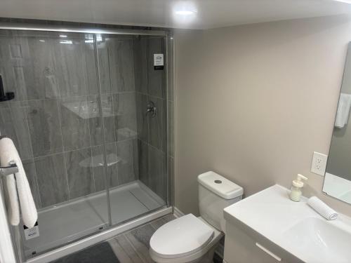 a bathroom with a shower and a toilet and a sink at Newly Renovated 2BR Walkout Suite in the Heart of Kanata Ottawa in Ottawa