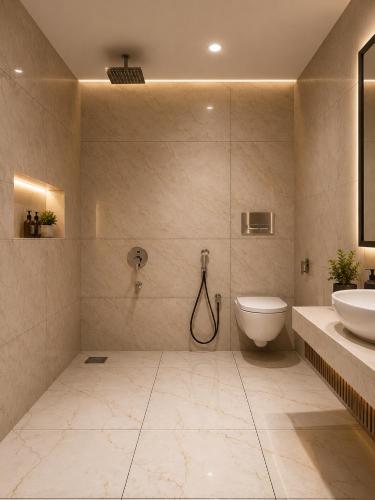 a bathroom with a shower and a toilet and a sink at The Countryside Resorts Pahalgam in Pahalgām