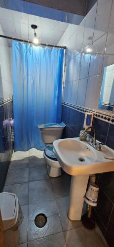 a bathroom with a sink and a toilet and a blue shower curtain at Casa Lulú in Mexico City