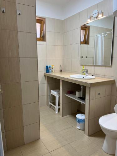 a bathroom with a sink and a toilet and a mirror at Katalin vendégház felső szint in Visegrád