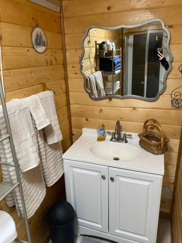 a bathroom with a sink and a mirror at Ak backcountry retreat in Kenai