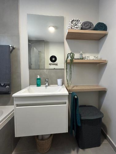a bathroom with a white sink and a mirror at Retro Rhythm - Mossel Cove in Mossel Bay