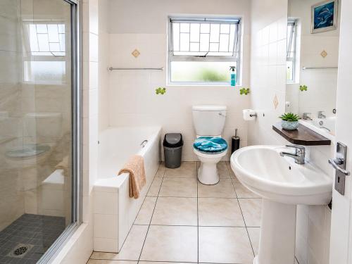 a bathroom with a toilet and a sink and a shower at The Deck in Jeffreys Bay