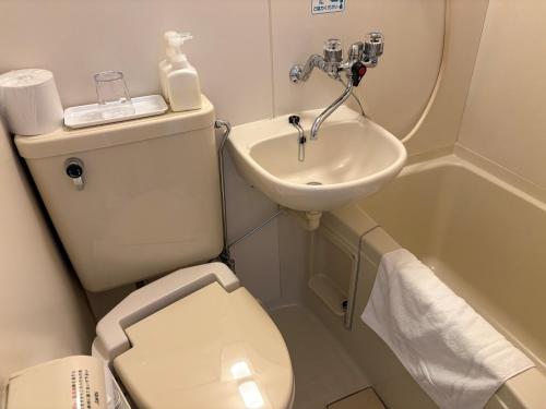 ein kleines Badezimmer mit Toilette und Waschbecken in der Unterkunft Hotel Green Arbor in Sendai