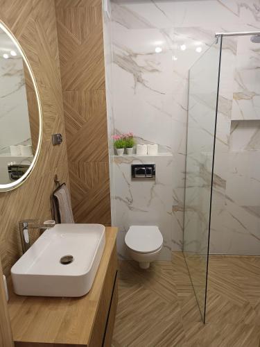 a bathroom with a toilet and a glass shower at Blue Perła Premium in Kutno