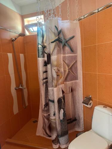 a shower curtain in a bathroom with a toilet at Villa St Anna in Sozopol