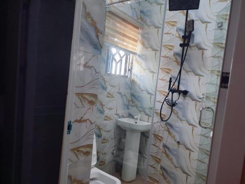 a bathroom with a shower with a sink and a toilet at Regent Hotels and Suites in Oshogbo
