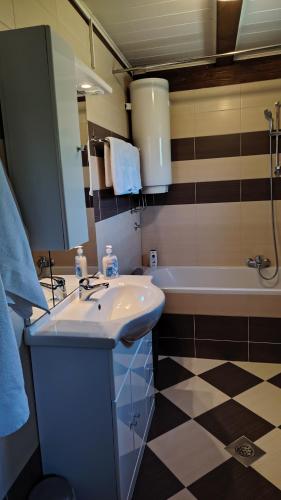 a bathroom with a sink and a bath tub at Holiday house Bliss in Kumrovec