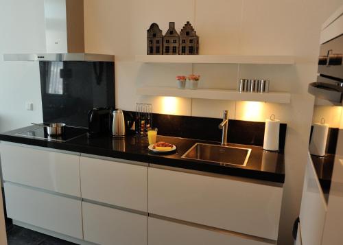 een keuken met een wastafel en een aanrecht bij Stadslogement Kleindiep Dokkum in Dokkum