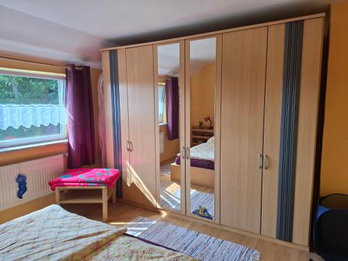 a bedroom with a large cabinet with a mirror at Ferienwohnung Heidi in Selb