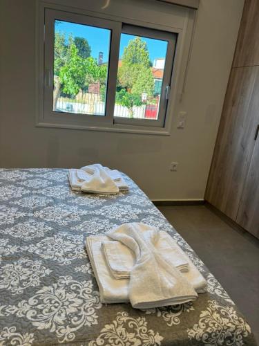 a bedroom with two towels on a bed with a window at Fabio apartment in Amarynthos